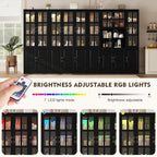 MEISSALIVVE 78.7" Kitchen Pantry Storage Cabinet with LED Lights, Tall Pantry Cabinet with Glass Doors, Kitchen Hutch Utility Pantry, Black (47.2" W x 15.7" D)