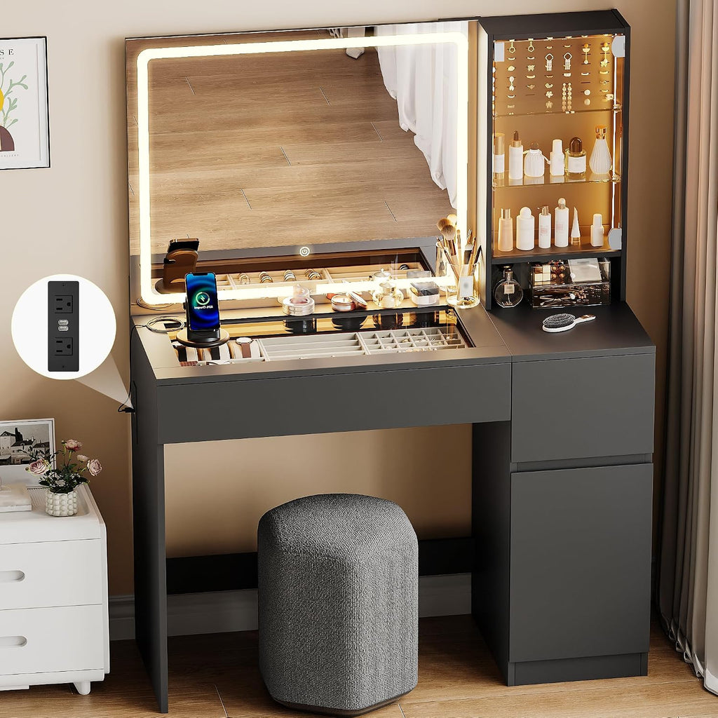 wanan Vanity with Glass Top, Black Vanity Desk with Mirror and Lights, Jewelry Storage, Power Outlet, 3 Adjustable Lighting Modes, Makeup Vanity with 2 Drawers for Bedroom
