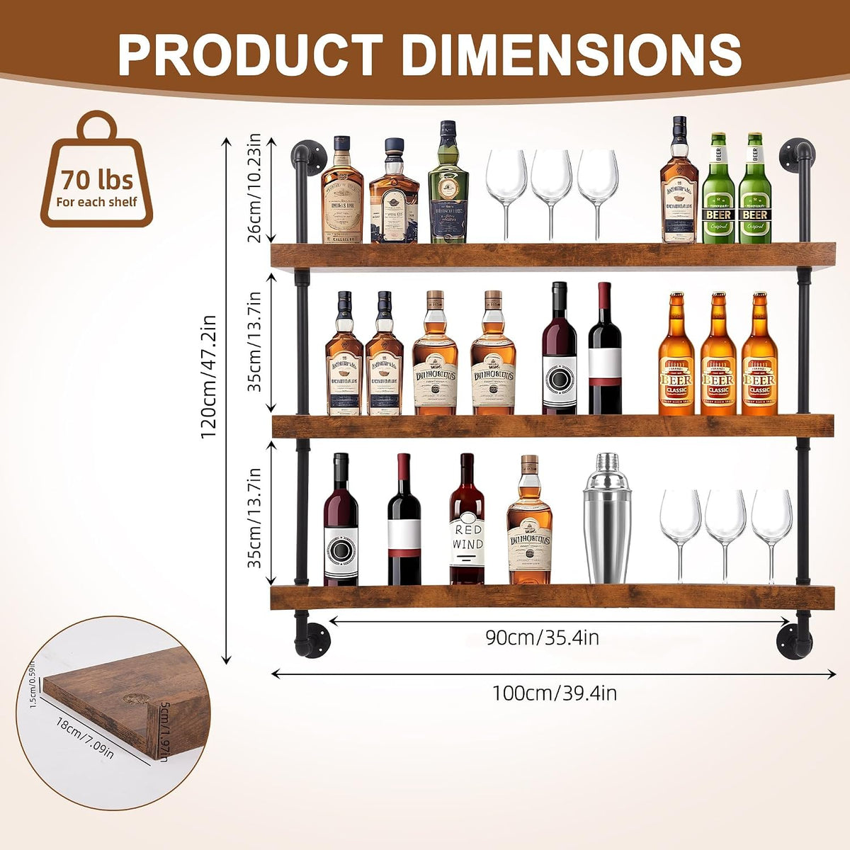 39.4" Metal Wine Rack Wall Mounted with LED Strips and Glass Holder | 3-Tier Industrial Metal Bar Shelf Wall Mounted Wine Rack for Kitchen, Bar, Dining Room (Black, 100cm/39.4in)