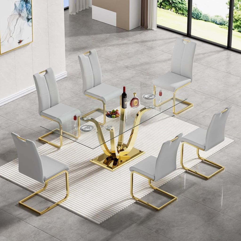 70" Glass Dining Table Set for 6, Modern Kitchen Table with 6 PU Leather Dining Chairs 7-Piece Dining Table and Chairs for 6 with Shiny Gold Metal Pedestal Base