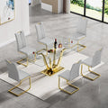 70" Glass Dining Table Set for 6, Modern Kitchen Table with 6 PU Leather Dining Chairs 7-Piece Dining Table and Chairs for 6 with Shiny Gold Metal Pedestal Base