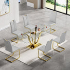 70" Glass Dining Table Set for 6, Modern Kitchen Table with 6 PU Leather Dining Chairs 7-Piece Dining Table and Chairs for 6 with Shiny Gold Metal Pedestal Base