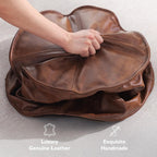 Leather Ottoman,Handmade Stuffed Square Ottoman,Genuine Leather Pouf, Foot Rest Pouf,Comfortable Soft Seating for Living Room & Bedroom (Brown, Round)