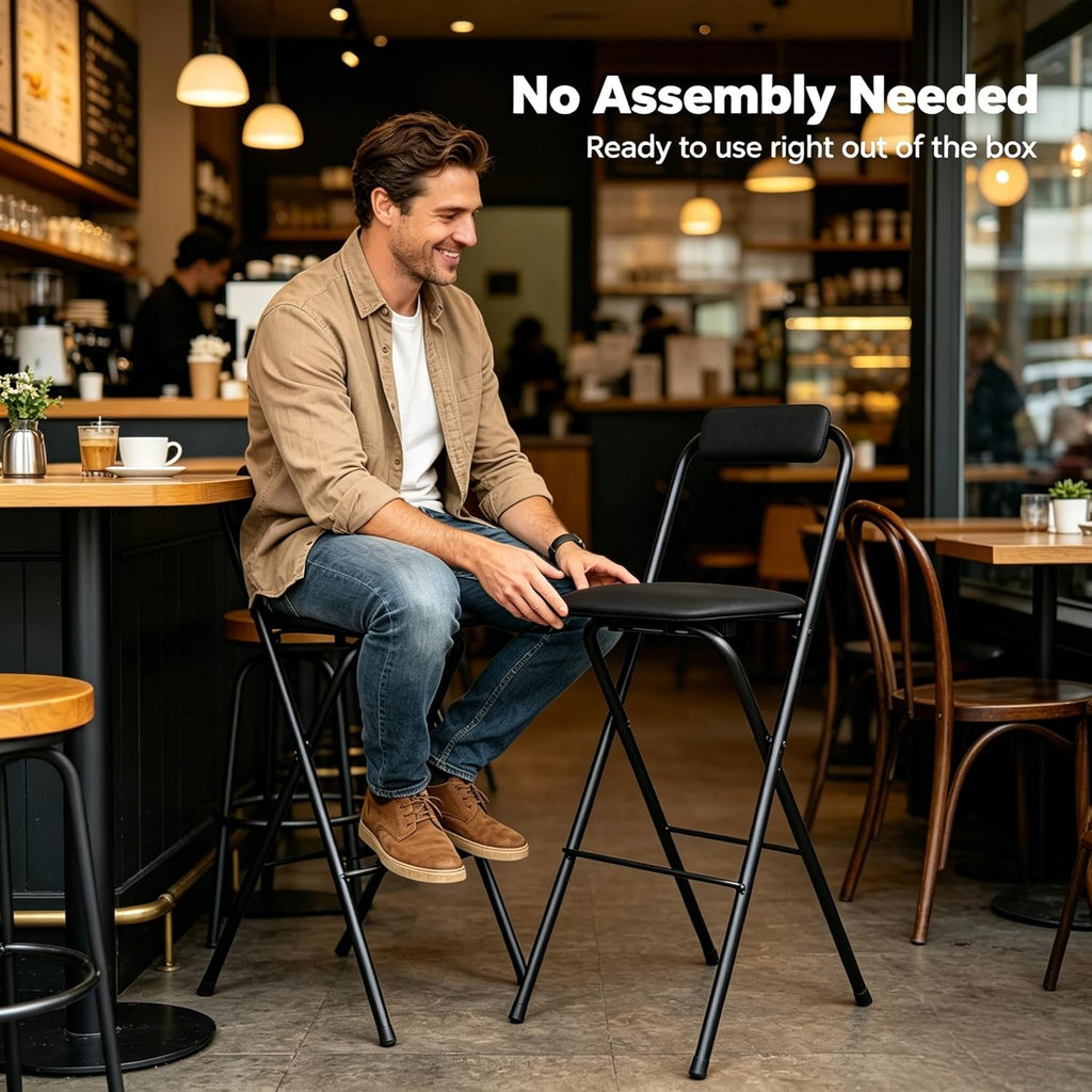 SHZICMY Folding Bar Stool with Backrest, Tall Foldable Stool Chair, Portable High Folding Bar Chair Counter 29.5" Height Seat Leather Padded for Adults Kitchen Counter Room Home Camping, Black