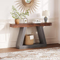 55in Farmhouse Console Table - 2-Tier Wooden Trapezium Sofa Table - Skinny Entryway Furniture with Open Storage Shelf - Ideal for Living Room, Behind Couch, Hallway - Gray