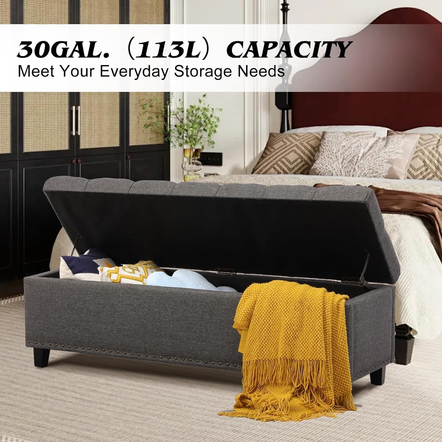 Ottoman with Storage, 51" Storage Bench Ottoman for Bedroom, End of Bed Benchs with Button-Tufted, Upholstered Rectangle Long Foot Rest Benchs for Entryway Living Room (Gray)