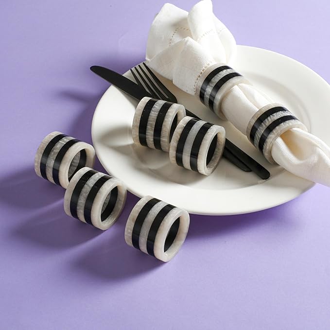 12-Pcs Epoxy Resin Napkin Rings - Handmade Elegant Napkin Holders for Table Décor, Dining, Weddings, Holidays & Special Events - Durable & Lightweight, Easy to Clean (Black White) - CLEENTABLE