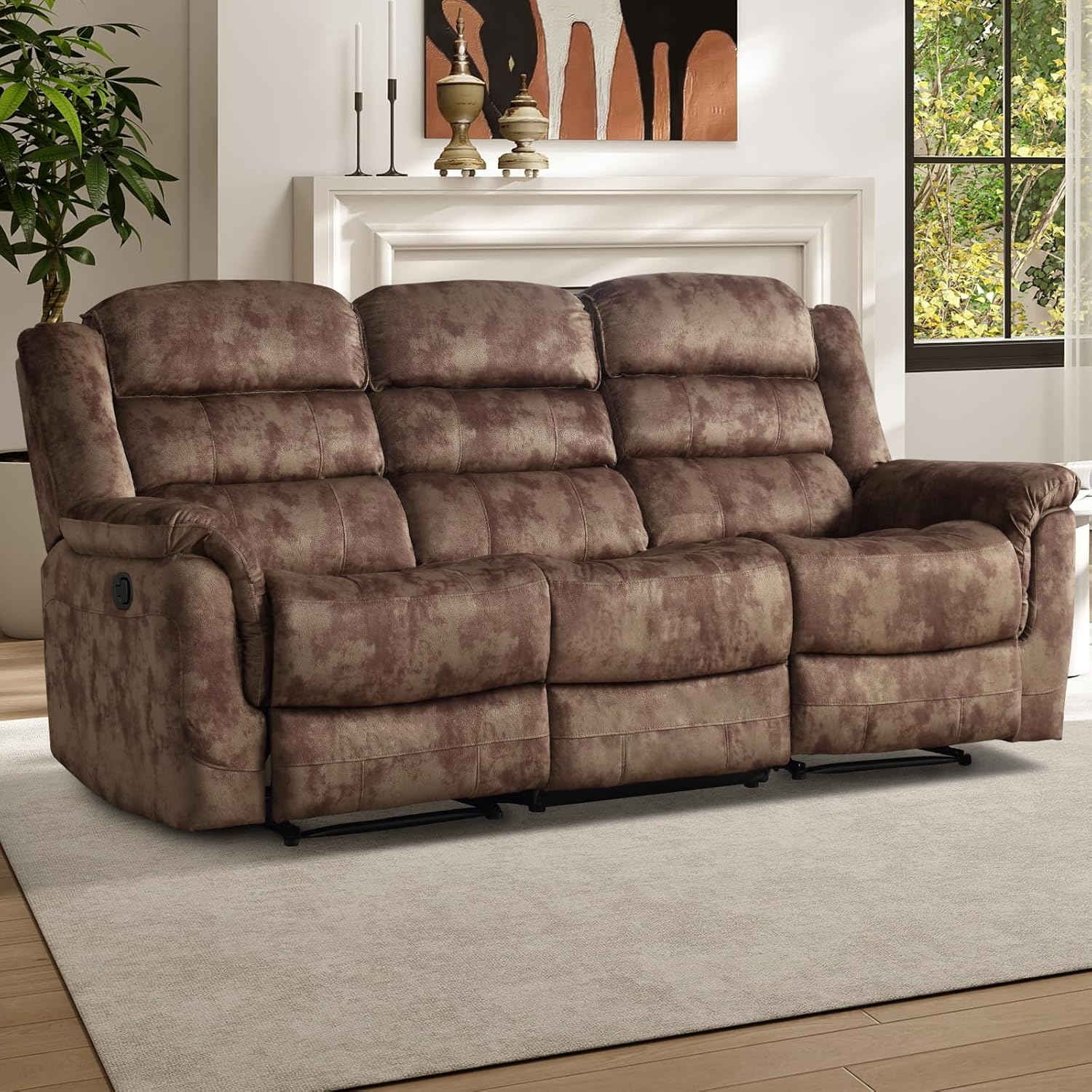 EBELLO Reclining Sofa for Living Room, Extra Wide Modern Overstuffed 3 Seat Recliner Manual Sofa Chair, Breathable Soft Fabric and Padded Seat, Brown