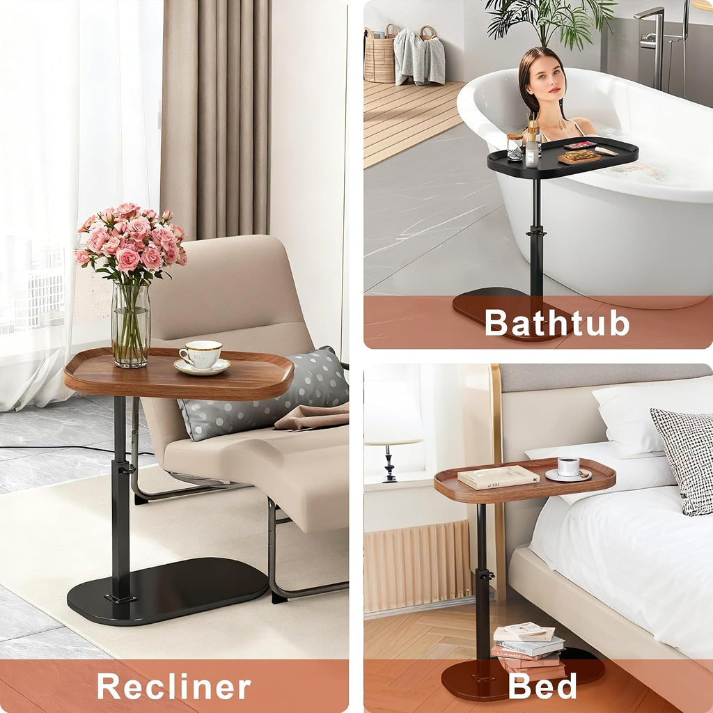 C Shaped Side Table Adjustable Height, 360° Swivel Couch End Table That Slide Under, Small C Shaped End Table for Sofa/Bed/Bathtub, Coffee TV Dinner Tray for Living Room, Bedroom, Bedside (Walnut)