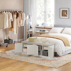 DINZI LVJ Shoe Bench, Entryway Storage Bench with Doors, Cushion, 2-Tier Shoe Rack with 8-Cubby, 47.2”L x 13.8”W Farmhouse Shoe Organizer Cabinet, Adjustable Shelf, Living Room, Bedroom, Rustic White