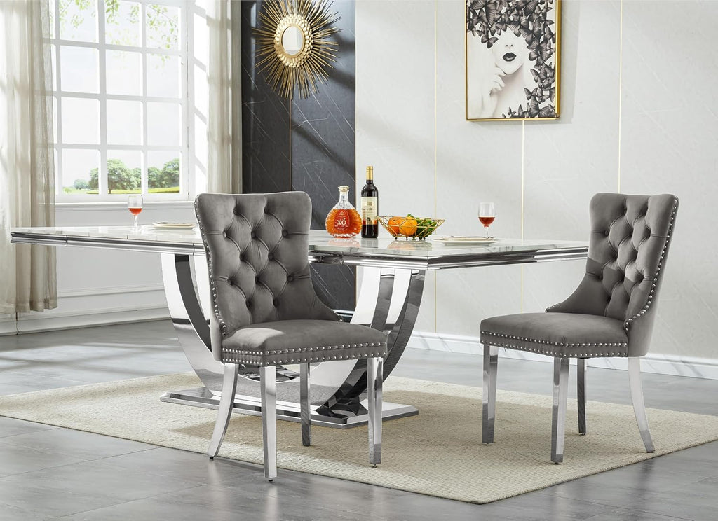 9-Piece Modern Dining Table Set with 8 Chairs, 94.5" Large Marble Kitchen Table & Grey Upholstered Chairs Set for 8, White Dining Room Table Set with Silver Stainless Steel Frame & Faux Mable Top