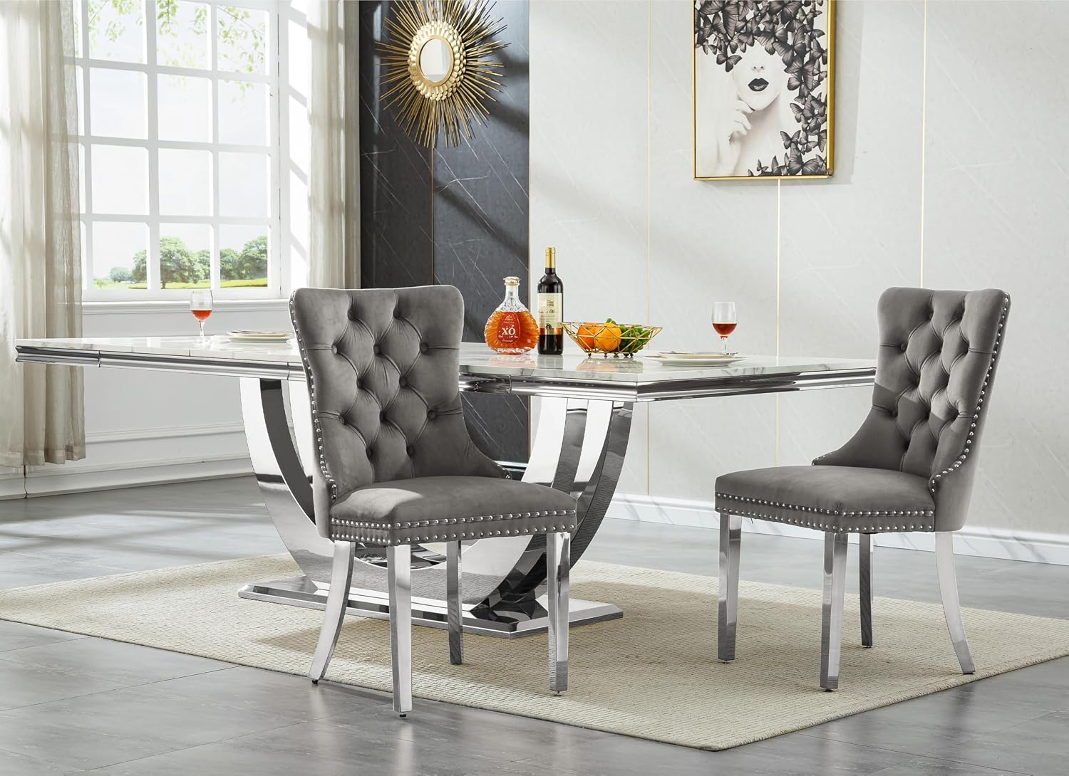 9-Piece Modern Dining Table Set with 8 Chairs, 94.5" Large Marble Kitchen Table & Grey Upholstered Chairs Set for 8, White Dining Room Table Set with Silver Stainless Steel Frame & Faux Mable Top