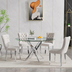 Round Glass Dining Table Set for 4, Small Kitchen Table Set for 4, 47" Round Glass Table and Chairs Set of 4, 5 Piece Round Dining Room Table Set with Beige Velvet Chairs for Breakfast Dinette Cafe
