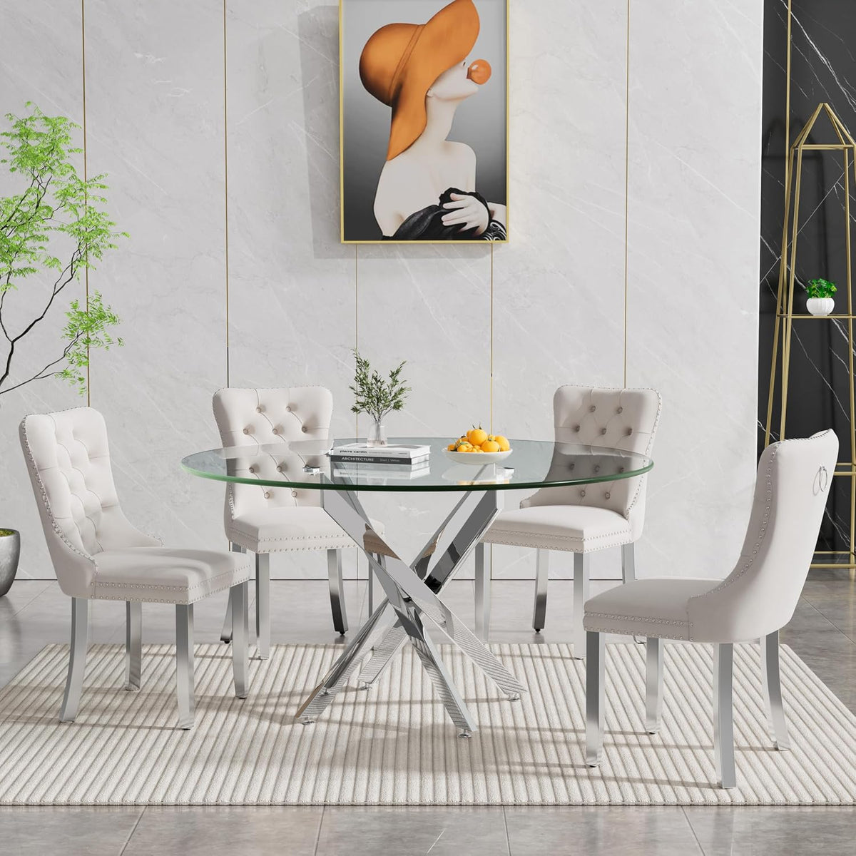 Round Glass Dining Table Set for 4, Small Kitchen Table Set for 4, 47" Round Glass Table and Chairs Set of 4, 5 Piece Round Dining Room Table Set with Beige Velvet Chairs for Breakfast Dinette Cafe