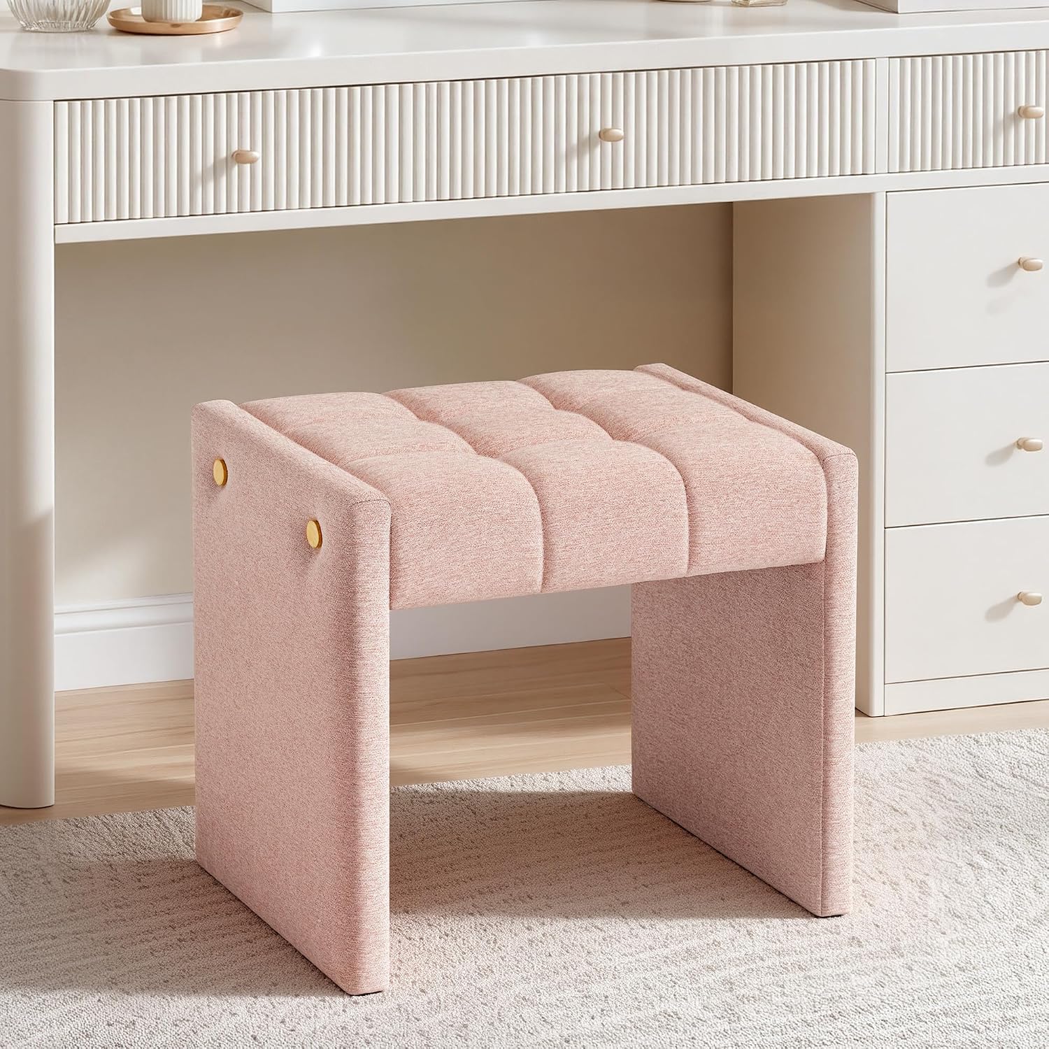 LUE BONA Modern Grid Tufted Vanity Bench Stool, 4.33'' Thick Chenille Upholstered Ottoman Footstool for Makeup Room, Bedroom & Living Room, 200lbs Capacity, Pink