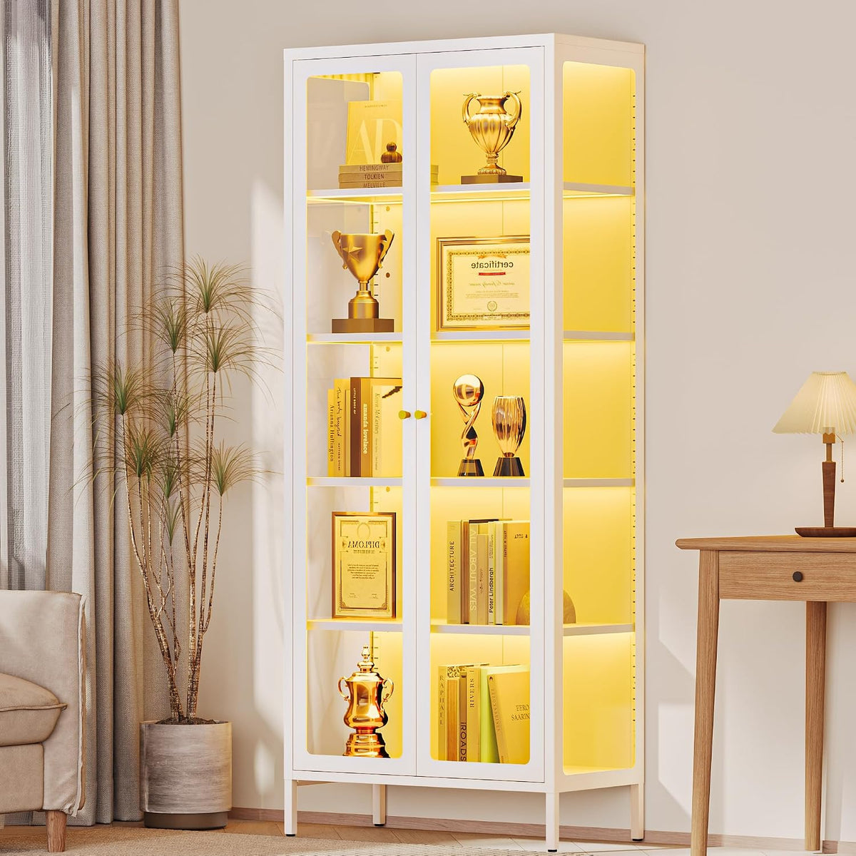 Lucky Monet 5-Tier Display Cabinet with 12 Color Lights & Glass Doors, 67" Lighted Curio Cabinet with Adjustable Shelves, Glass Metal Display Case for Collectibles Figures China (White)