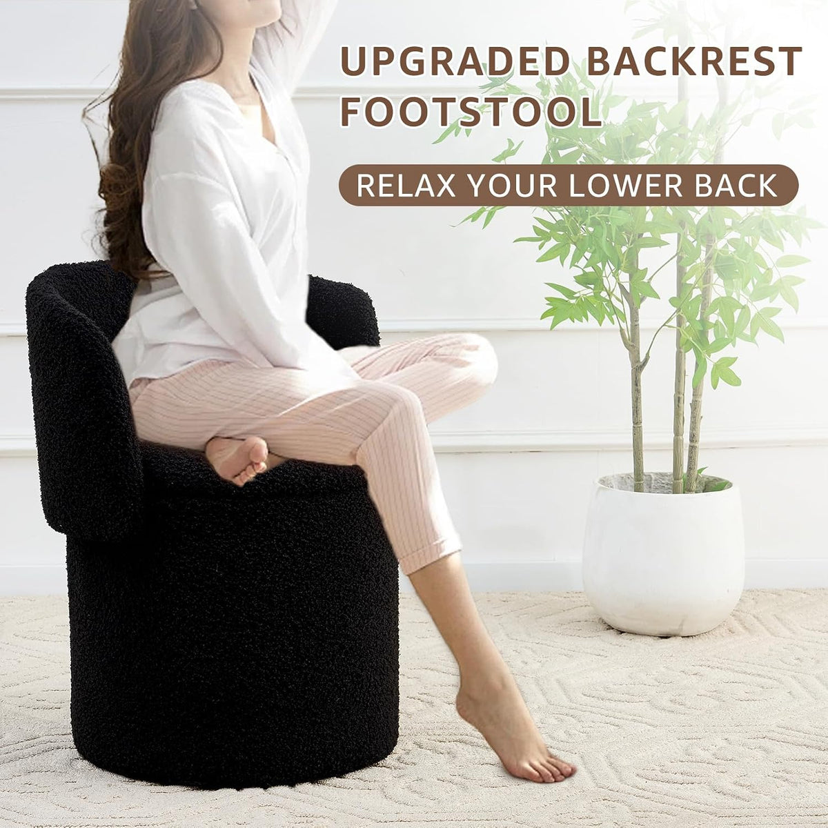 Storage Ottoman Modern Vanity Stool with Foldable Backrest | Teddy Velvet Footstool with Extra Seating Small Side Table Footrest Stool Makeup, Bedroom (Black)
