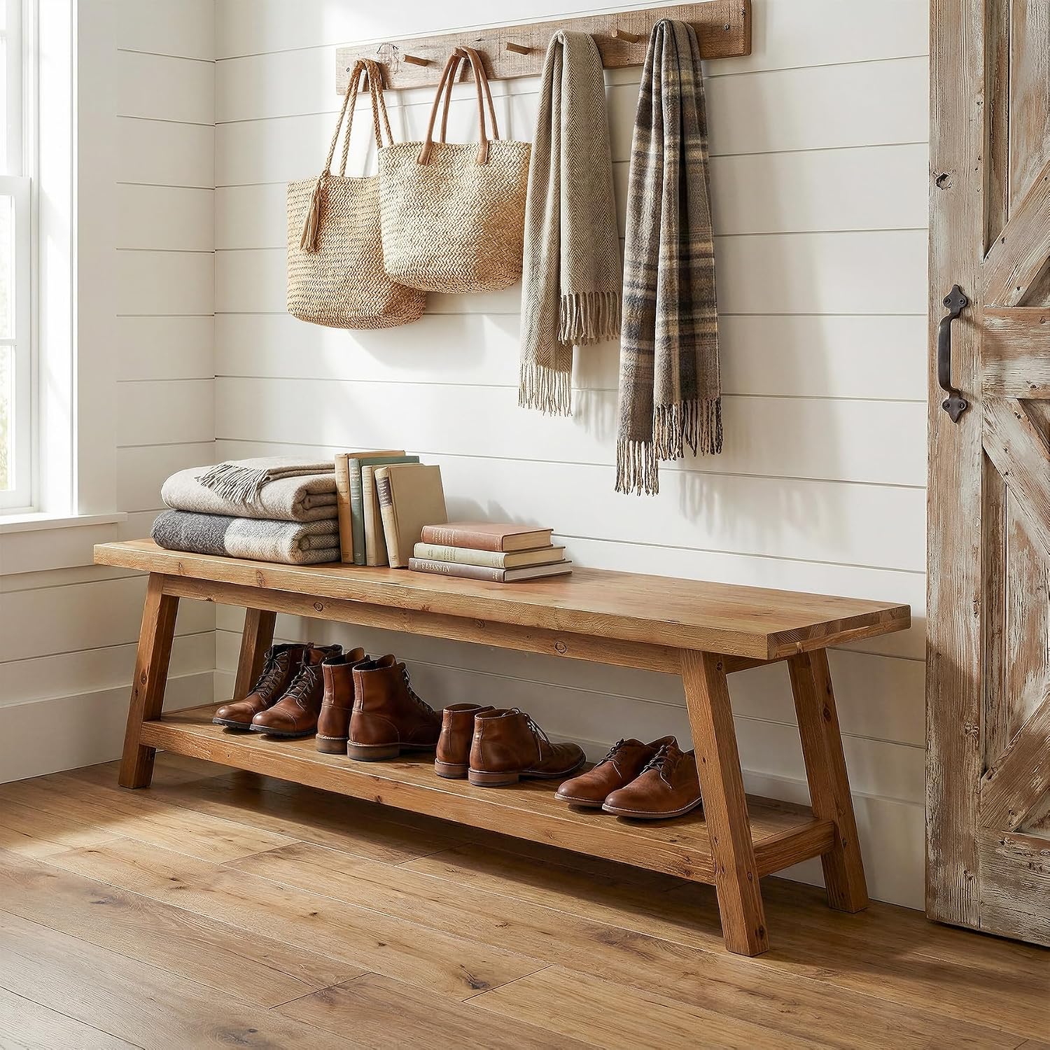 Solid Wood Entryway Bench with Shoe Storage Shelf, 62.99" Long Rustic Hallway Shoe Bench, Natural Wood Mudroom Window Seating, 400 lbs Capacity