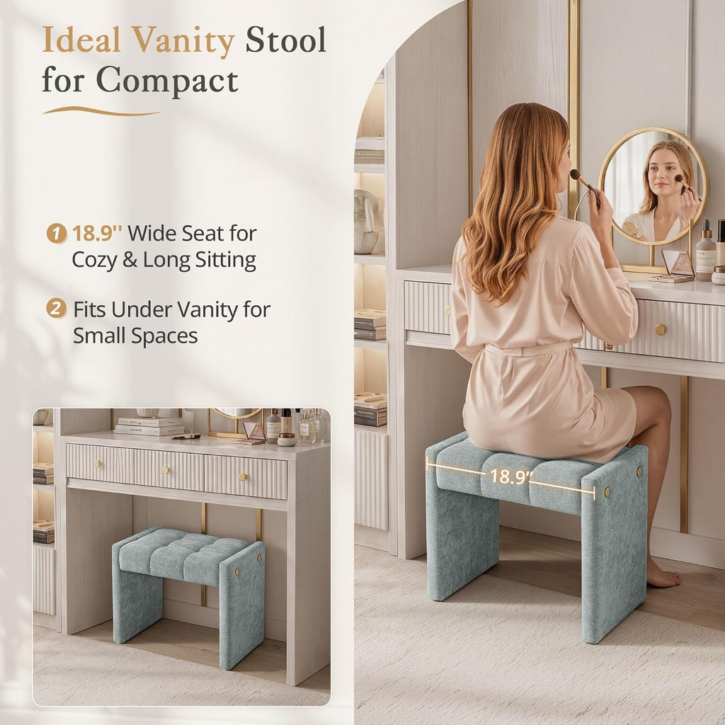 LUE BONA Modern Grid Tufted Vanity Bench Stool, 4.33'' Thick Chenille Upholstered Ottoman Footstool for Makeup Room, Bedroom & Living Room, 200lbs Capacity, Smoky Blue