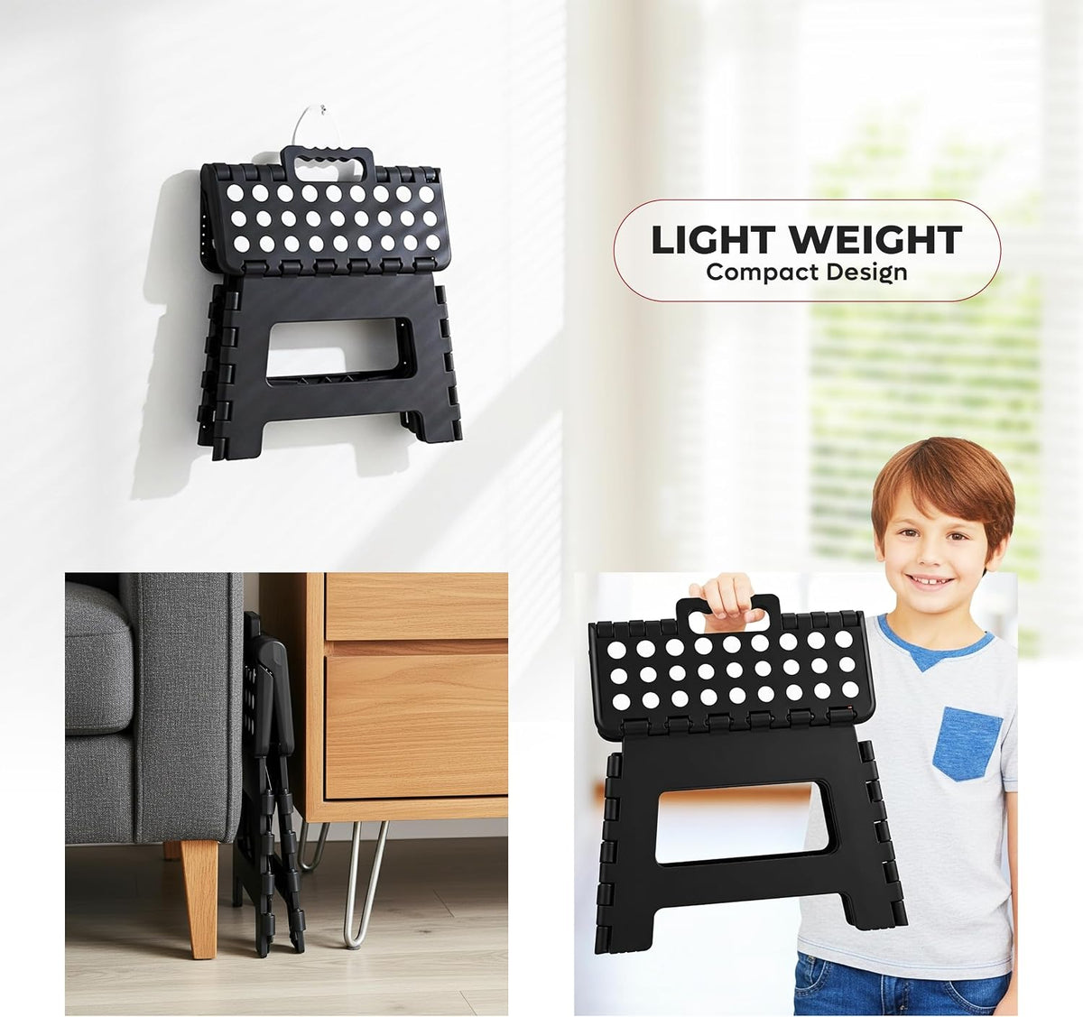 Utopia Home Folding Step Stool 9 Inch, Anti-Slip, 300 lbs, Black | 9-inch foldable step stool with anti-slip surface, built-in handle, and 300 lbs strong plastic support for safe home use.