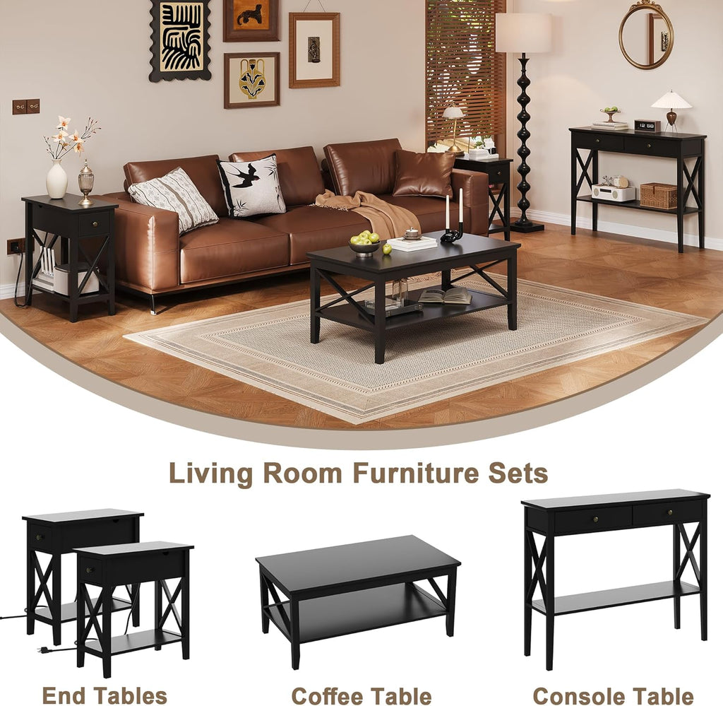 ChooChoo End Table Set of 2 with Charging Station, Narrow End Table with USB Ports and Outlets, Small Side Table Nightstand with Drawer for Living Room, Bedroom, Black