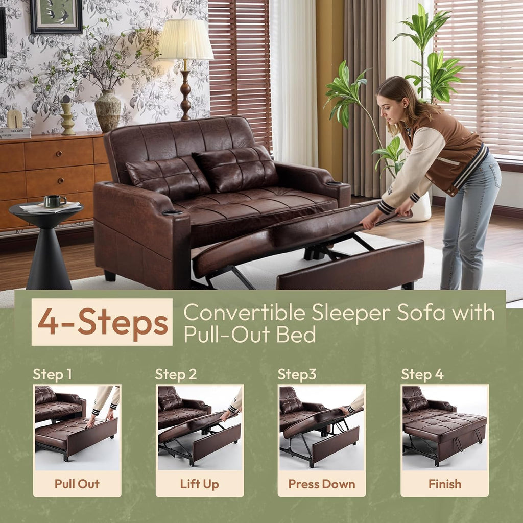 VINGLI Rustic Futon Sofa Bed Convertible Loveseat Sleeper Sofa Couch, Pullout Sofa Fold Out Couch Bed with USB Ports, Cup Holders, Armrest for Living Room, Bedroom Apartment Room