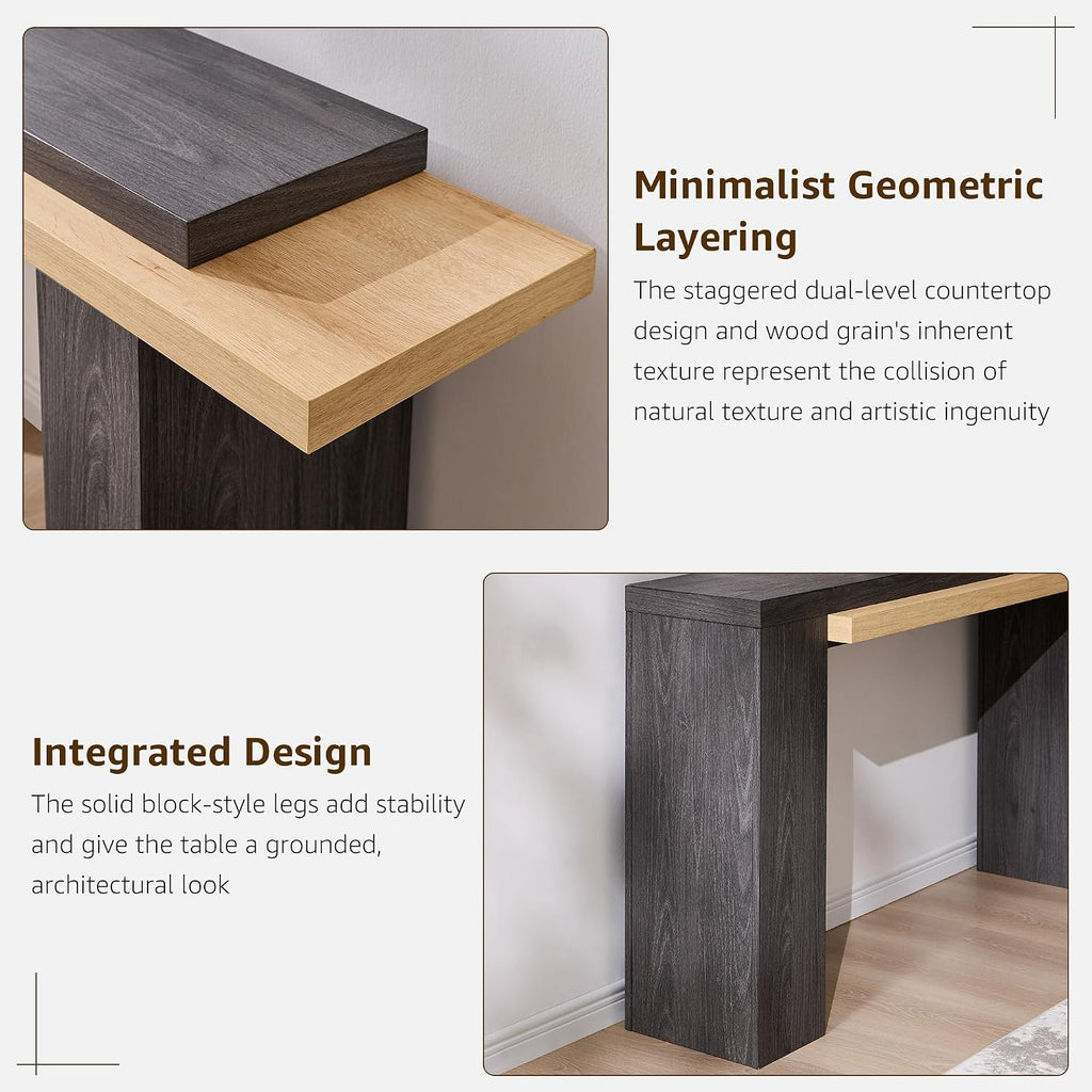 OKD 63" Geometric Console Table with Layered Top, Natural Oak & Dark Alder | Extended Layered Top, Sturdy Support Legs, Entryway, Hallway, Foyer, Living room, Behind Sofa