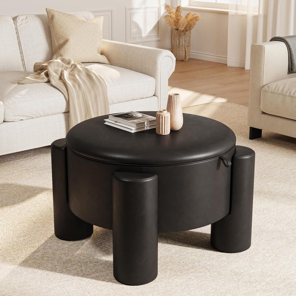 FiveWillowise Round Ottoman Coffee Table with Storage,24" Faux Leather Storage Ottomans with Removable Top,Upholstered Vanity Stool Footrest for Small Spaces,Living Room,Apartment,Black