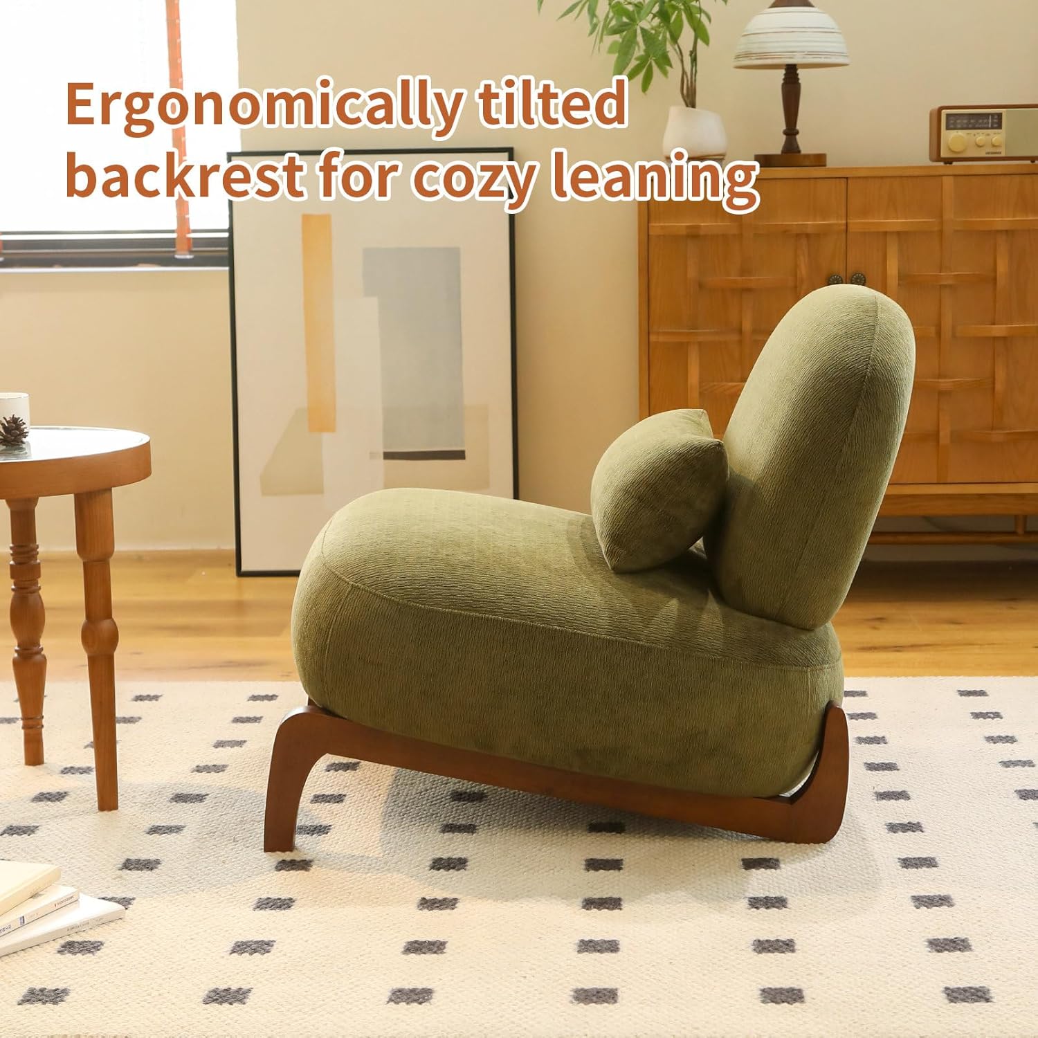 KEIKI Cute Comfy Accent Chair with Solid Wood Legs, Velvet Upholstered Single Sofa Chair for Living Room, Bedroom, Balcony or Waiting Room, Cozy Armless Cloud Chair Design, Green