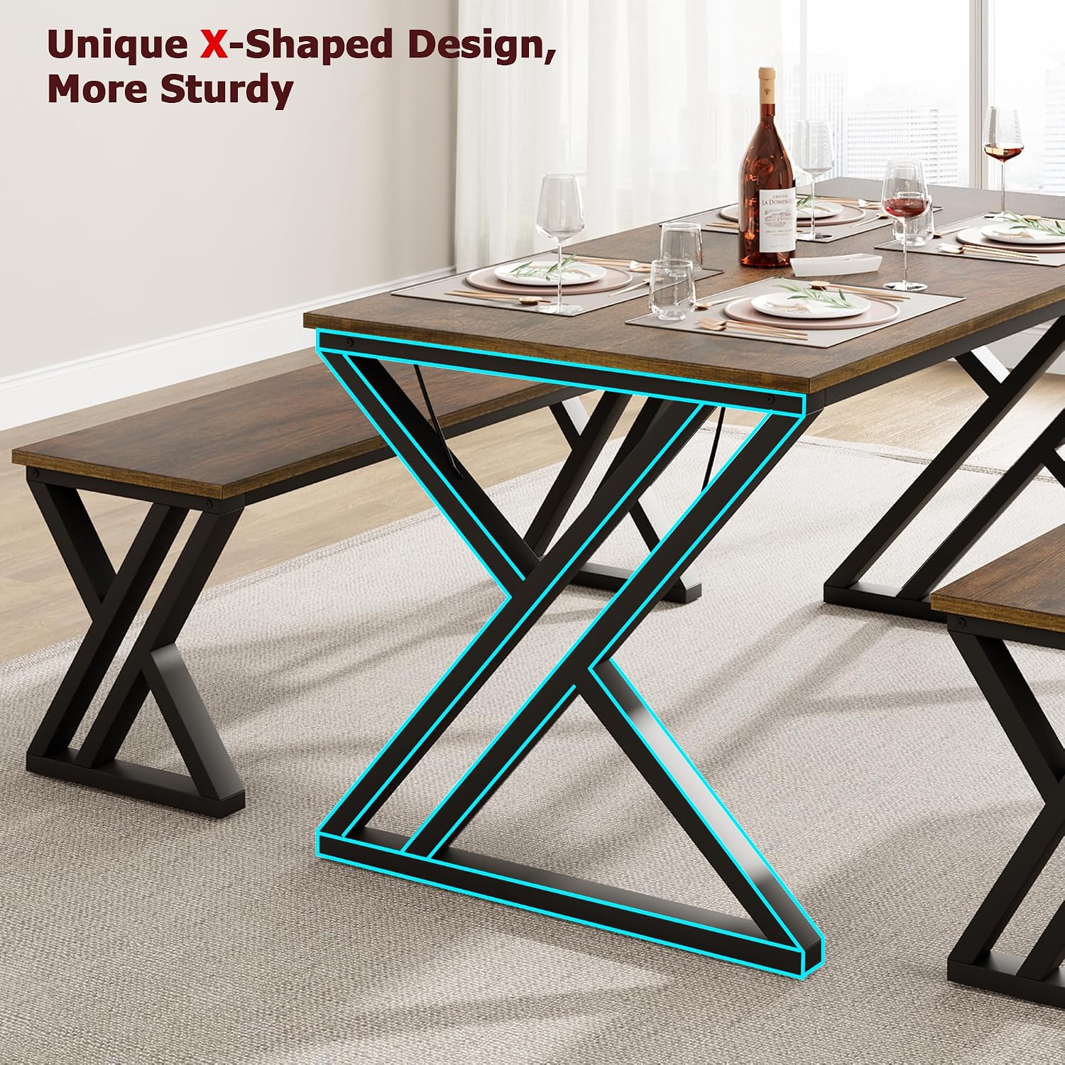 GarveeHome Kitchen Table with 2 Benches, Dining Table Set for 4, Saving Space Dining Room Table Set for Kitchen, Dining Room, Apartment, Sturdy Metal Frame, Vintage Brown