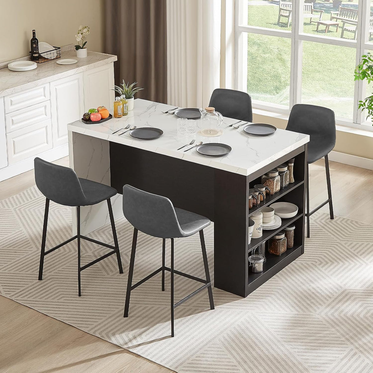 ONBRILL 61 x 31 Inch Whole Board of Tabletop Kitchen Island Table with Storage Space, Power Outlet & LED Lights, Modern Imitation Marble Large Counter Height Dining Table for 4 (Black)