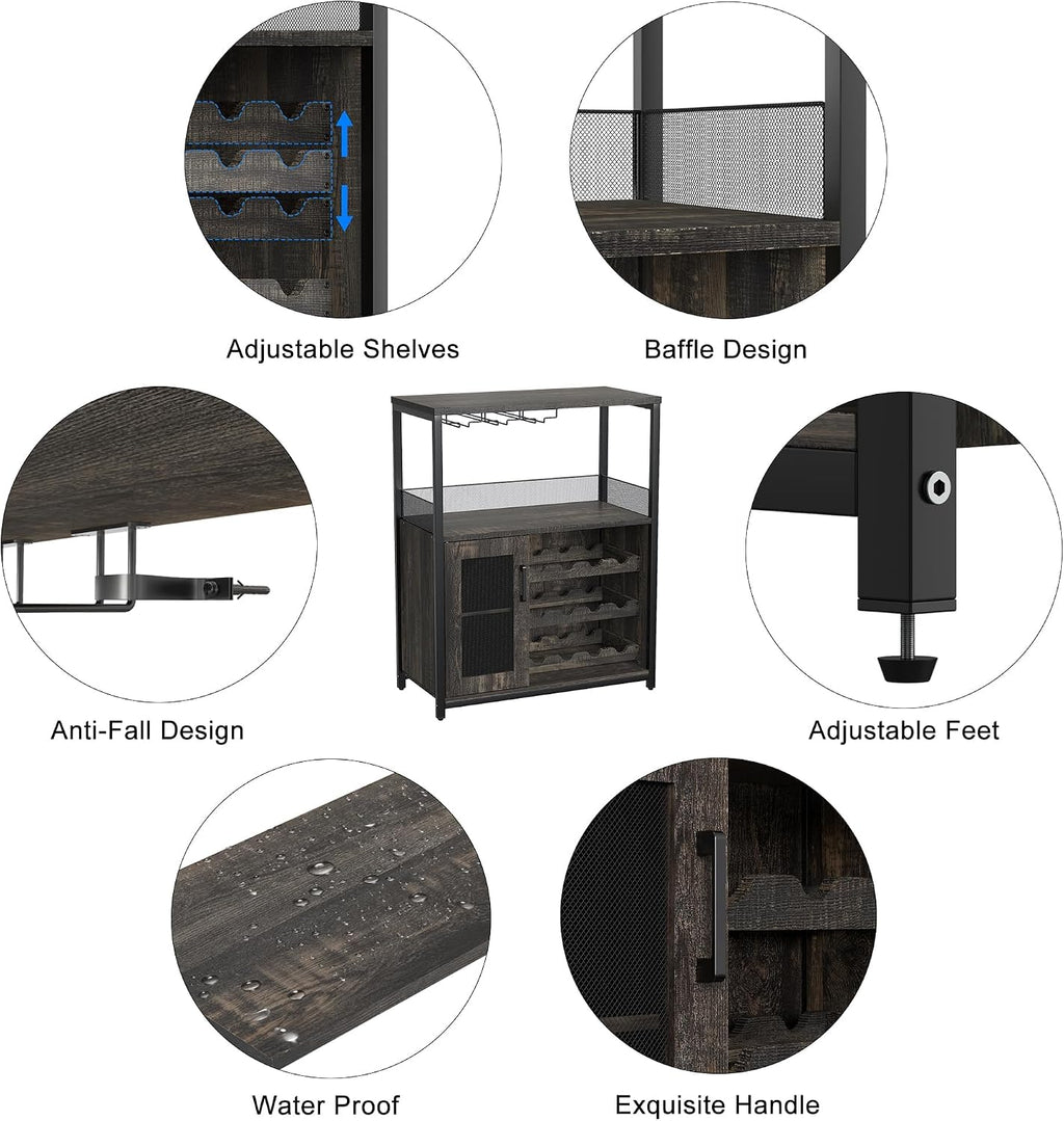 Takywep 3-Tier Wine Bar Cabinet with Removable Wine Rack, Glass Holder, Industrial Buffet Cabinet with Mesh Doors, Storage Sideboard for Kitchen, Dining Room, Living Room