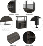 Takywep 3-Tier Wine Bar Cabinet with Removable Wine Rack, Glass Holder, Industrial Buffet Cabinet with Mesh Doors, Storage Sideboard for Kitchen, Dining Room, Living Room