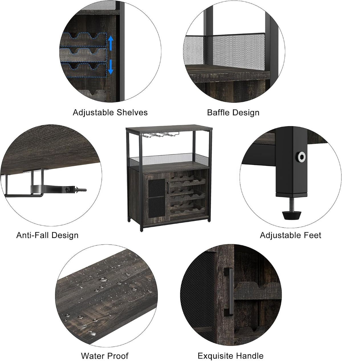 Takywep 3-Tier Wine Bar Cabinet with Removable Wine Rack, Glass Holder, Industrial Buffet Cabinet with Mesh Doors, Storage Sideboard for Kitchen, Dining Room, Living Room
