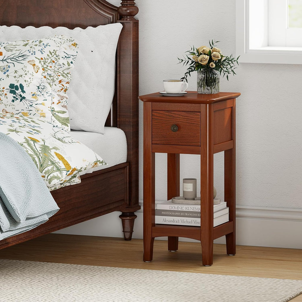 Giantex Narrow End Table with Drawer, 23.5" H Side Table w/Open Storage Shelf & Solid Wood Frame, Small Night Stand for Dorm Living Room, Bedroom, Small Spaces, No Assembly Needed, Walnut