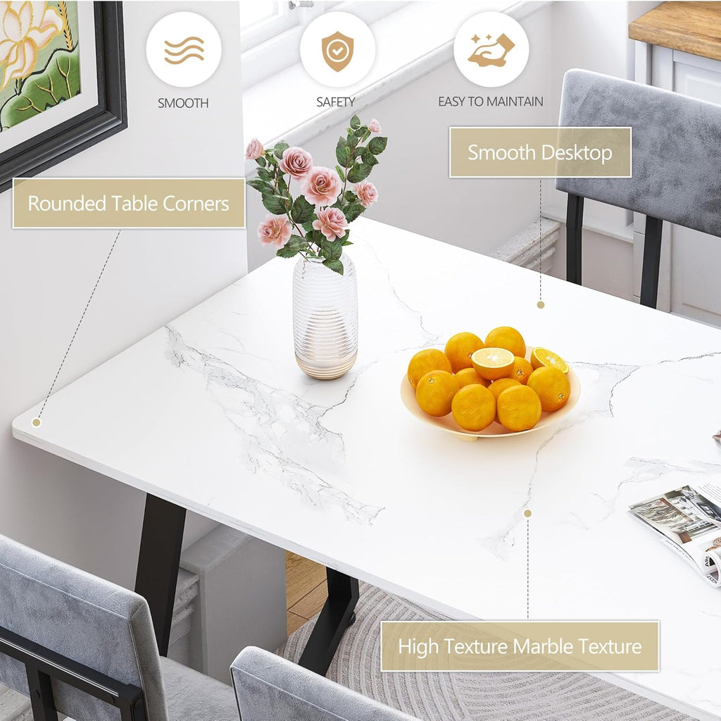 5-Piece Dining Table Set for 4, Modern Faux 47.24" Marble Kitchen Table with 4 Velvet Chairs, Stylish Small Dining Table Set for Apartments & Small Spaces