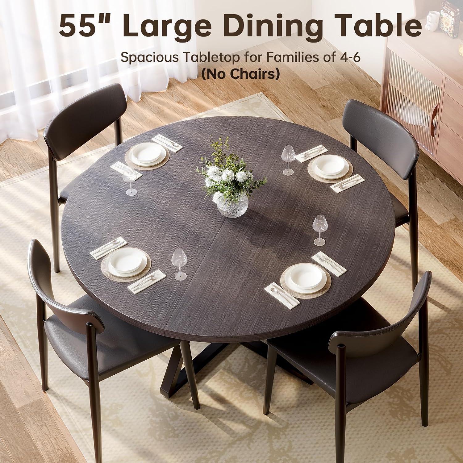 Concho 55" Round Dining Room Table for 6-8,Circle Kitchen Dining Dinner Table with Pedestal Metal Frame,Space Saving Wood Kitchen & Dining Room Furniture, Deep Grey