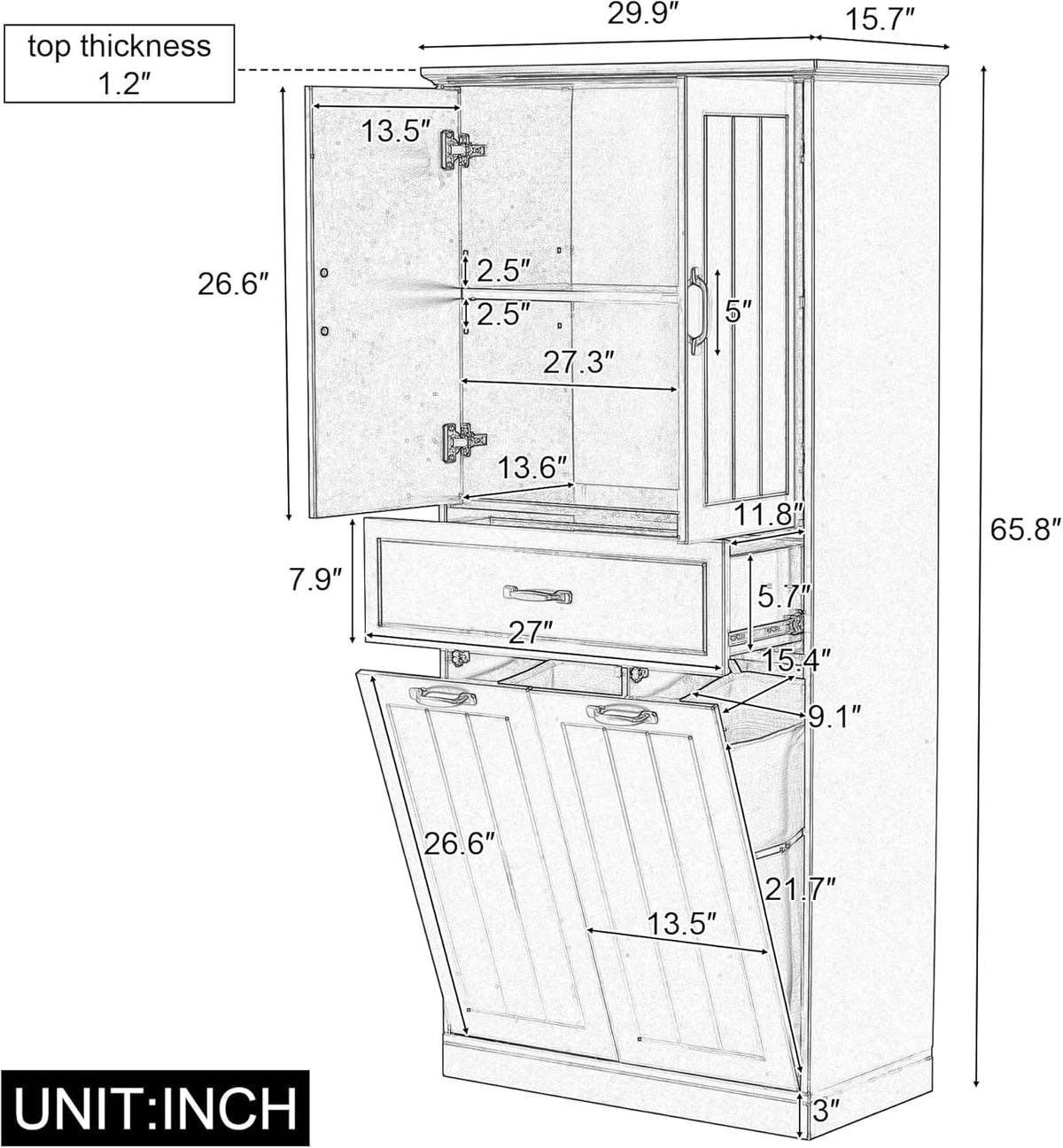 Merax 65.8" Pantry Cabinet with Two Doors & One Drawer & Two Laundry Hampers, Adjustable Shelves Storage Cupboard for Kitchen/Dining Room/Bathroom, Gray