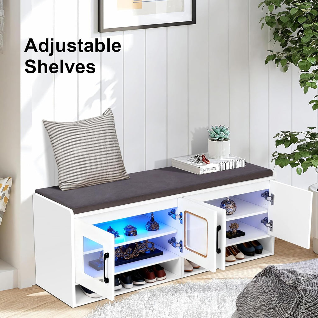 Shoe Bench with Thickened Cushion,Entrance Bench with Glass Door and Ambient Light,Three-Layer Shoe Rack,Color Changing Light Strip, Two Large Storage Spaces,Living Room,Bedroom,White