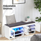 Shoe Bench with Thickened Cushion,Entrance Bench with Glass Door and Ambient Light,Three-Layer Shoe Rack,Color Changing Light Strip, Two Large Storage Spaces,Living Room,Bedroom,White