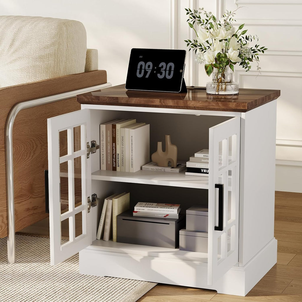 24" Farmhouse Nightstand with Charging Station, End Table with Tempered Glass Doors and Adjustable Shelf, Wood Square Side Table, Bedside Cabinet for Bedroom,Living Room- White