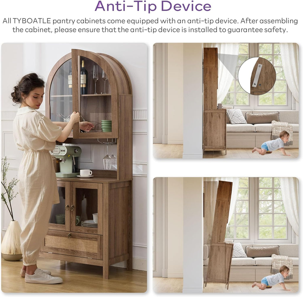 TYBOATLE 75'' Tall Arched Pantry Cabinet w/Accessible Storage Area, China Cabinet w/Anti-Tipping Device and Innovative Drawer, Versatile Cupboard for Kitchen, Dining