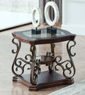 End Table with Glass Table Top, Cocktail Table with MDF and Marble Paper Middle Shelf, Sofa Table with Metal Legs for Living Room (Brown, 26.3" L*26.3" W*24" H)