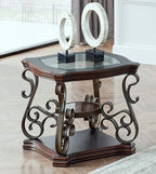 End Table with Glass Table Top, Cocktail Table with MDF and Marble Paper Middle Shelf, Sofa Table with Metal Legs for Living Room (Brown, 26.3" L*26.3" W*24" H)