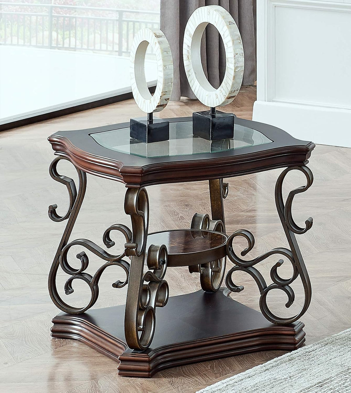 End Table with Glass Table Top, Cocktail Table with MDF and Marble Paper Middle Shelf, Sofa Table with Metal Legs for Living Room (Brown, 26.3" L*26.3" W*24" H)