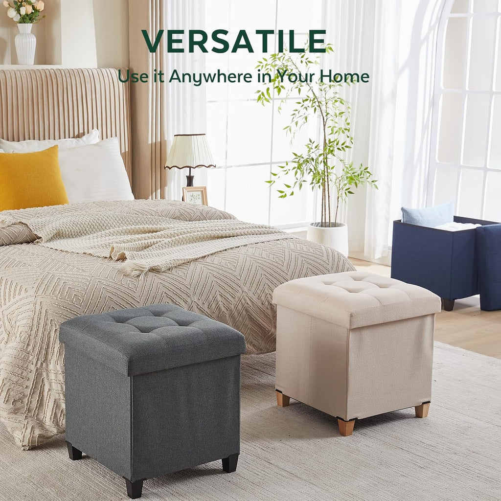 Ottoman with Storage, Square Storage Ottoman for Dorm, Linen Ottomans with Legs for Living Room, Bedroom, 17.7" D x 17.7" W x 19.9" H, Grey