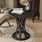 COZAYH Round Farmhouse End Table with Crisscross Pedestal Base, Distressed Finish Side Table Rustic Accent Table for Living Room, Pine Wood, Black
