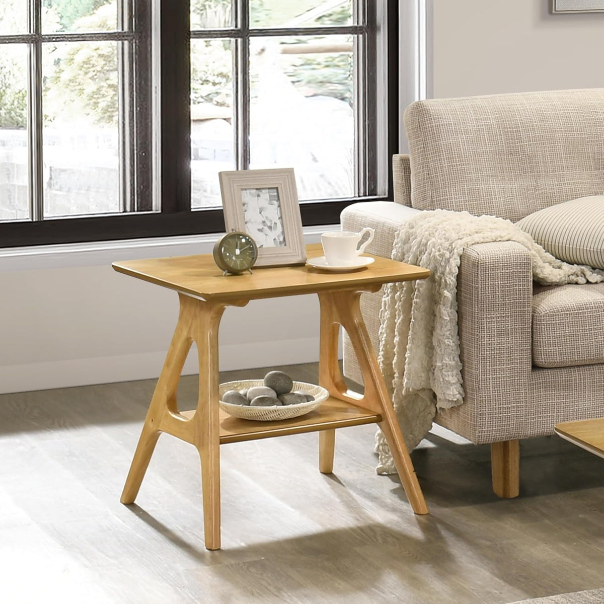 Roundhill Furniture Arona Mid-Century Modern Wood Shelf End Table, Natural Oak Finish