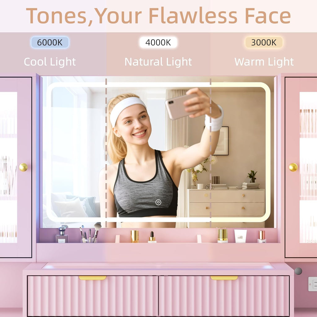 55" Vanity Desk with Mirror & Lights, Fluted Makeup Vanity with 8 Drawers & 4 Cabinets, Tempered Glass Top, RGB Cabinet Lighting, 3-Color Dimmable Mirror, and Charging Station