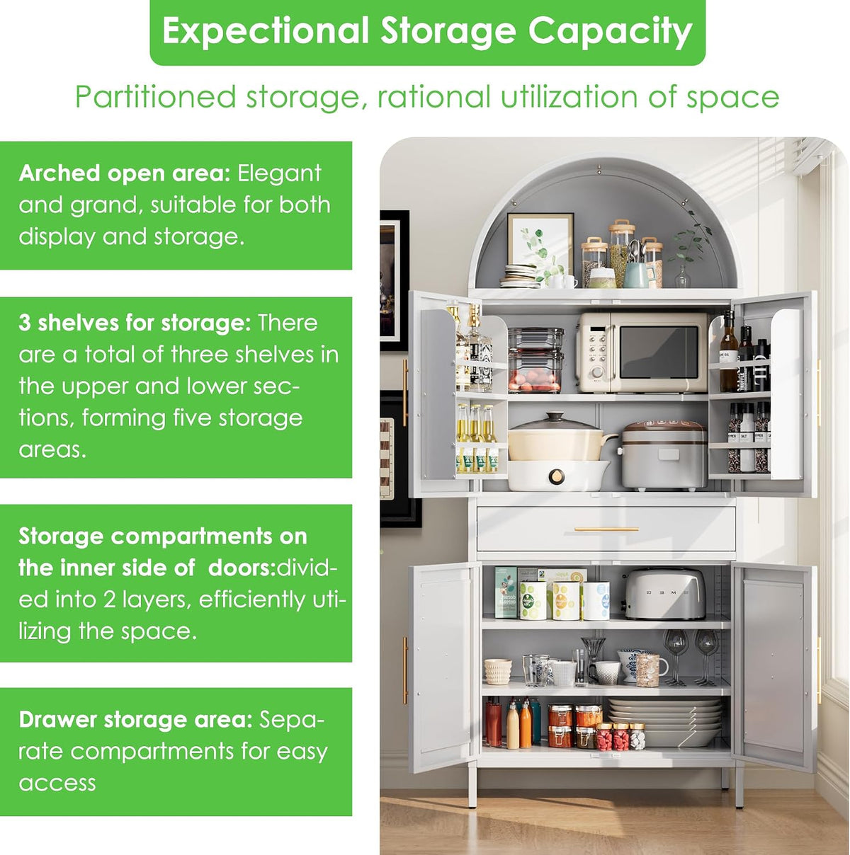 73”H Metal Arched Kitchen Pantry Cabinet with 1 Drawer, Farmhouse Pantry Cabinet with 4 Doors and 3 Adjustable Shelves for Kitchen, Dining Room, White